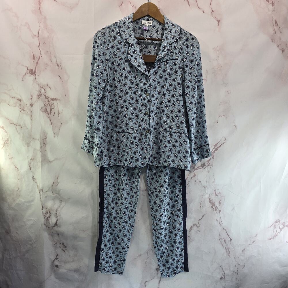 Claudie Pierlot Pajamas Womens Small 36 Blue Silk PJ Set Button Long Pants
